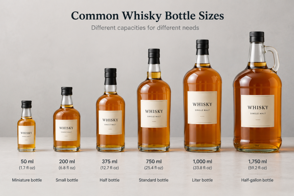 whiskey bottles in different sizes from 50 ml miniatures to 1,750 ml large bottles
