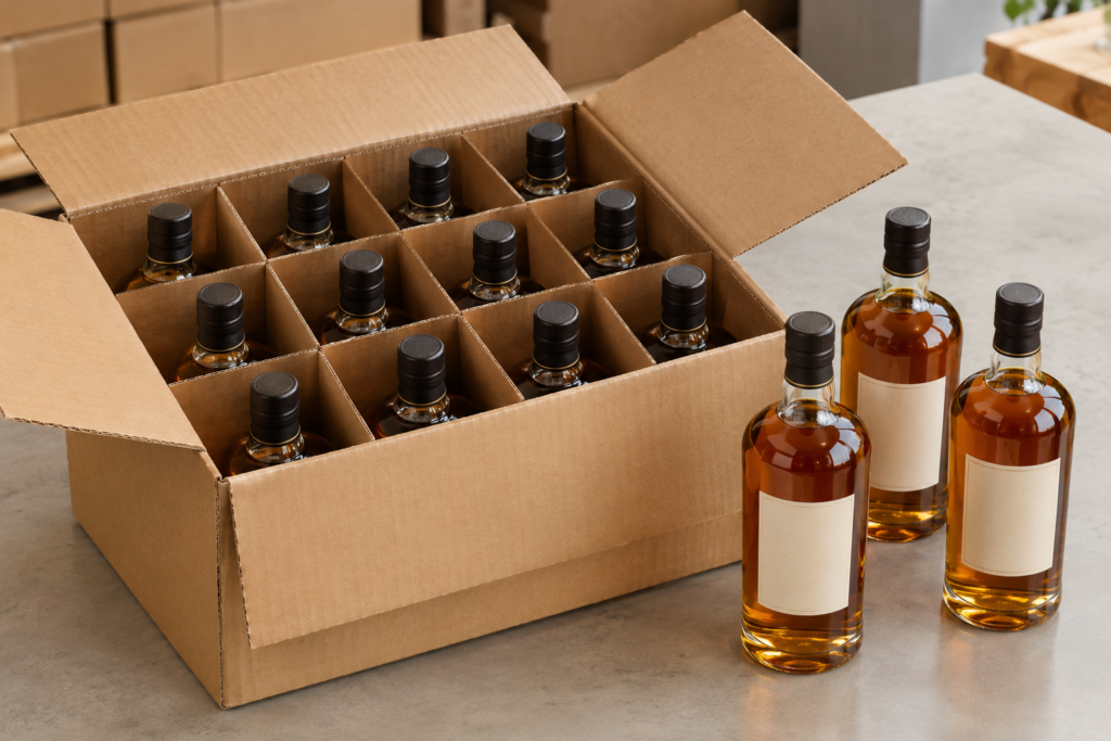 Twelve whiskey bottles arranged in a protective shipping case